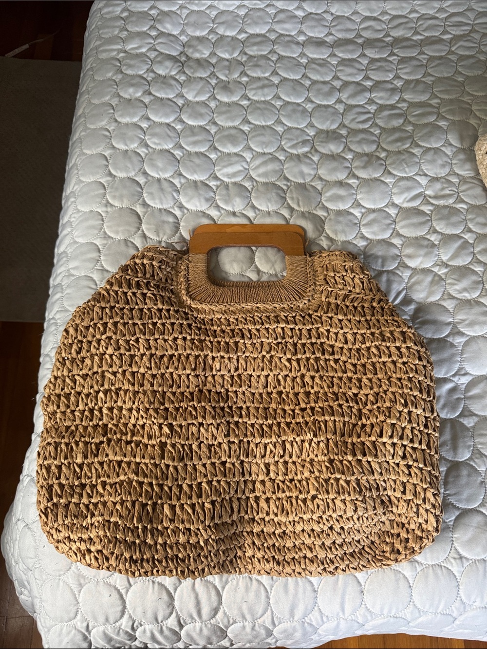 Woven Straw Tote Bag with Wooden Handles - Natural Brown